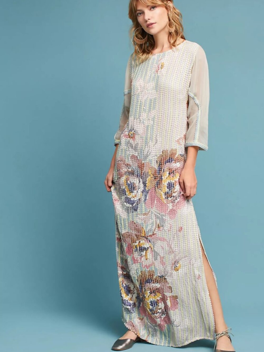 Anthropologie Geisha Designs Embellished Floral Sequin Maxi Column Dress EUC XS